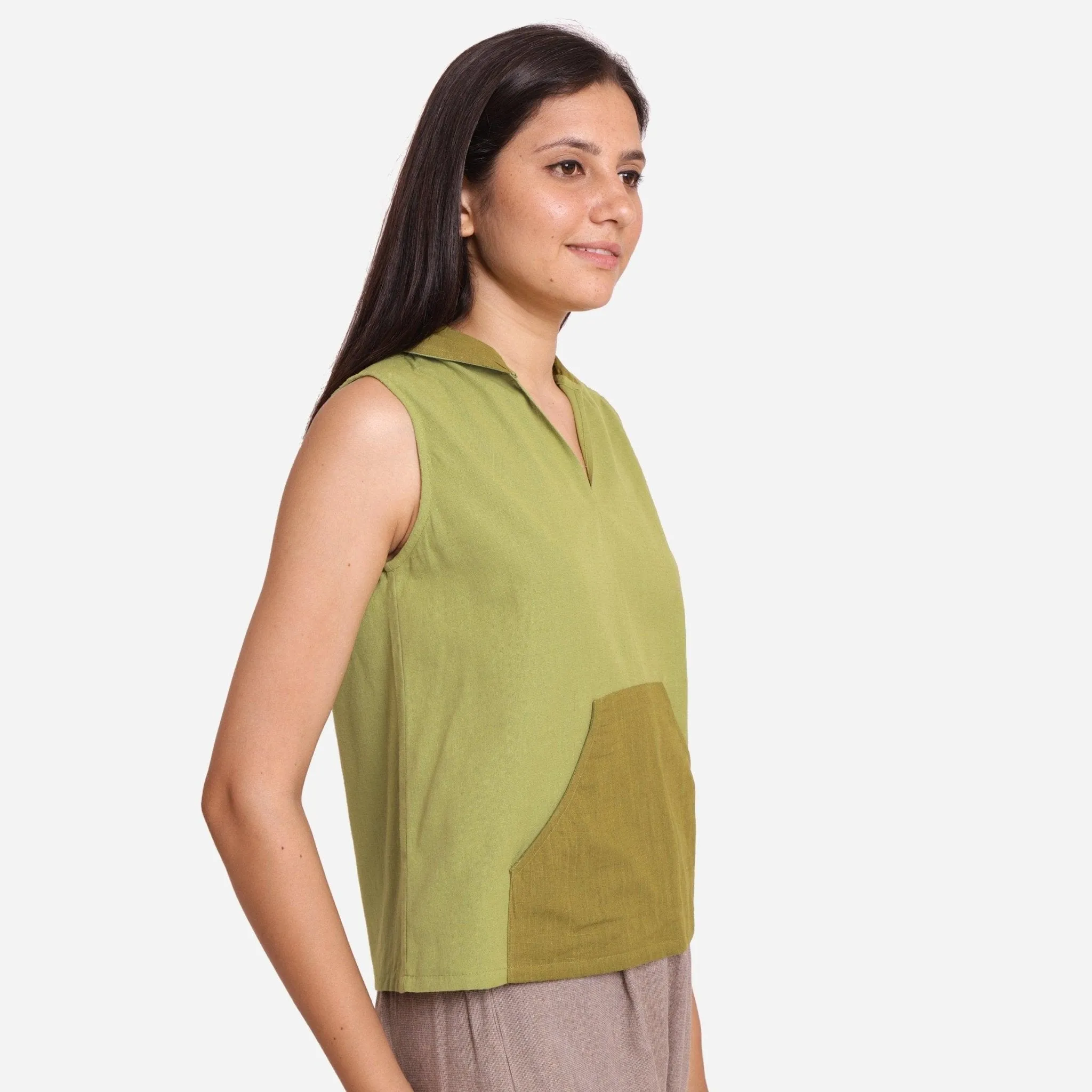Light Green Cotton Flax Kangaroo Pocket Hoodie Top