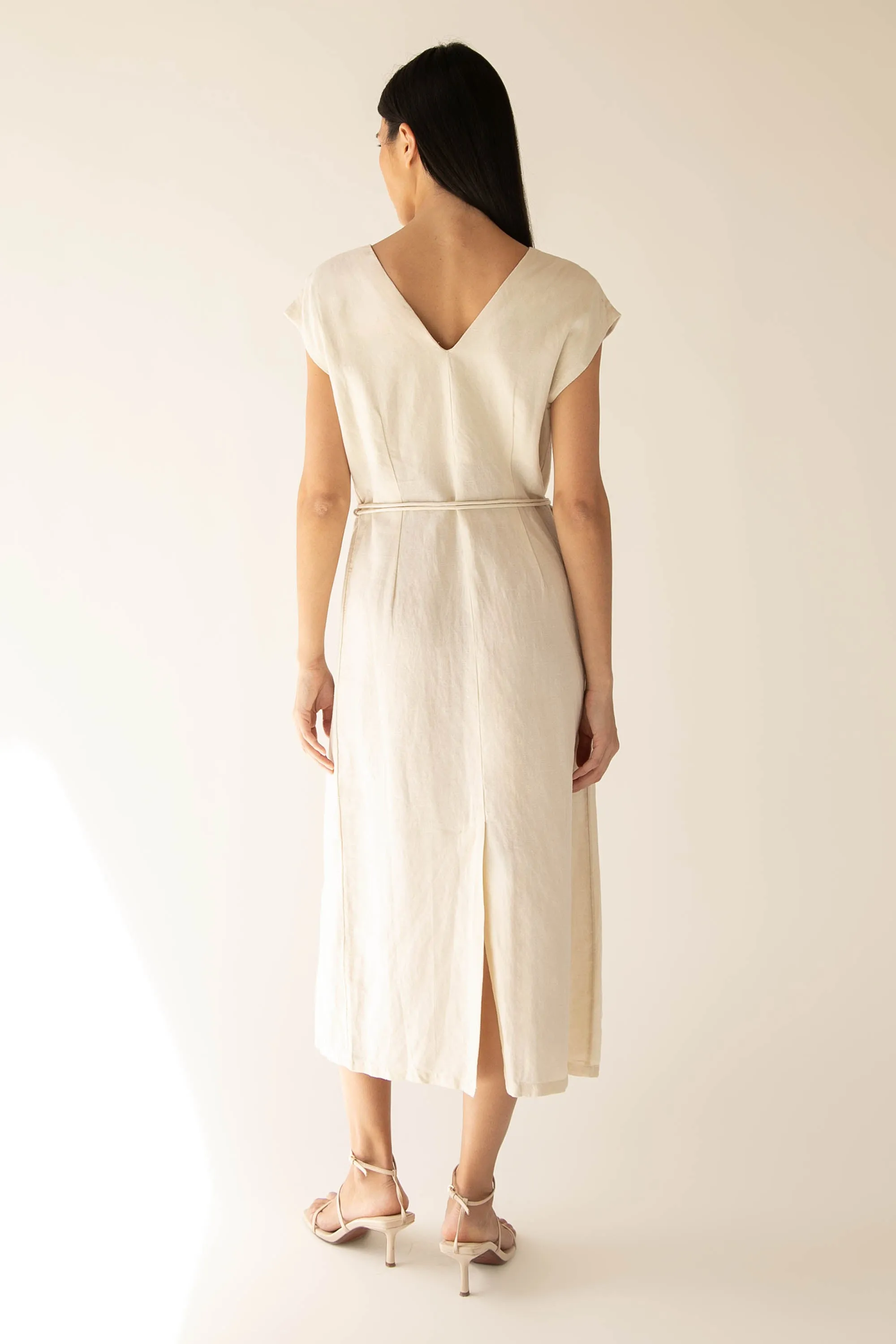 LINEN BLEND BUTTON UP MIDI DRESS