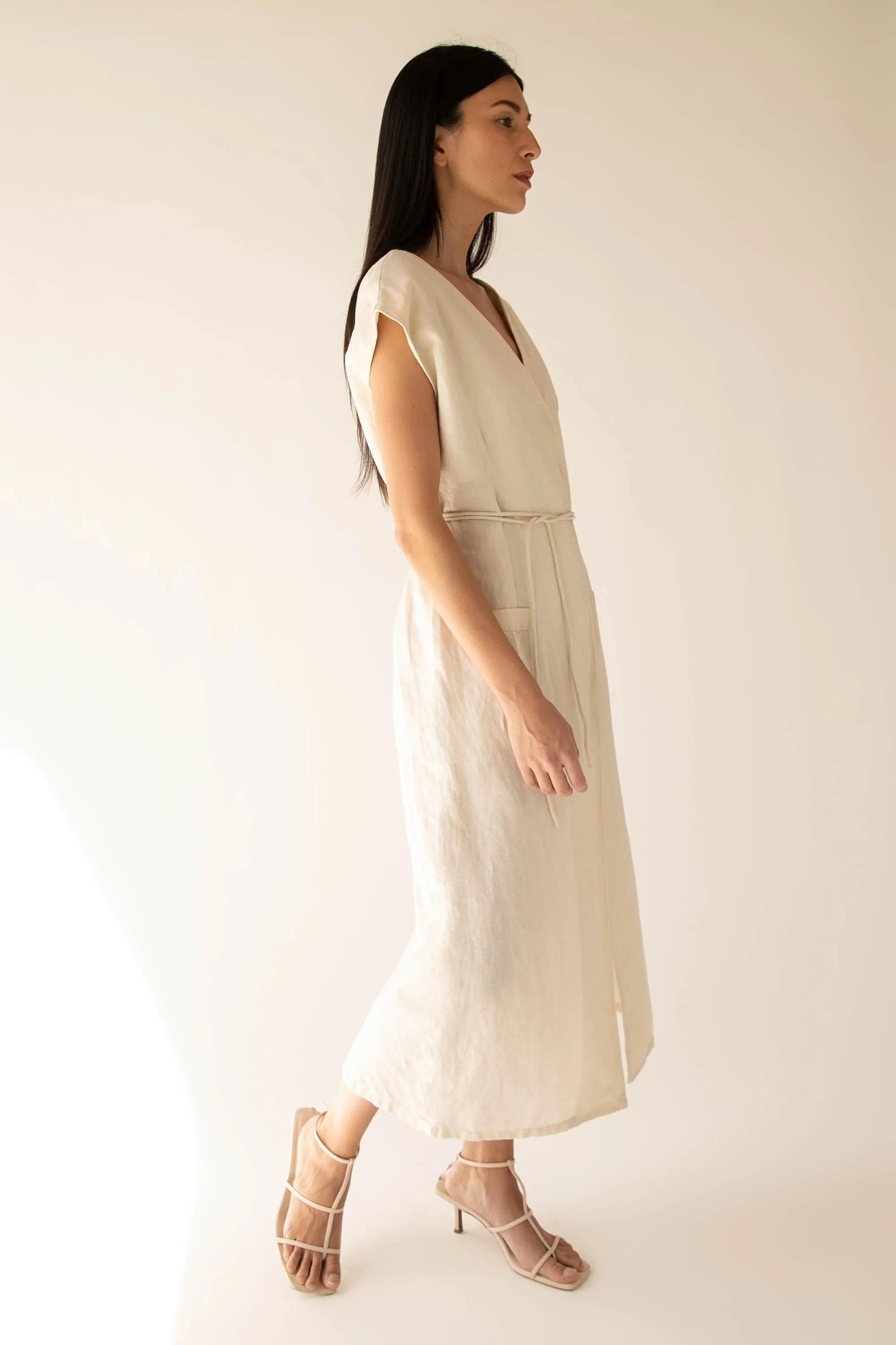LINEN BLEND BUTTON UP MIDI DRESS