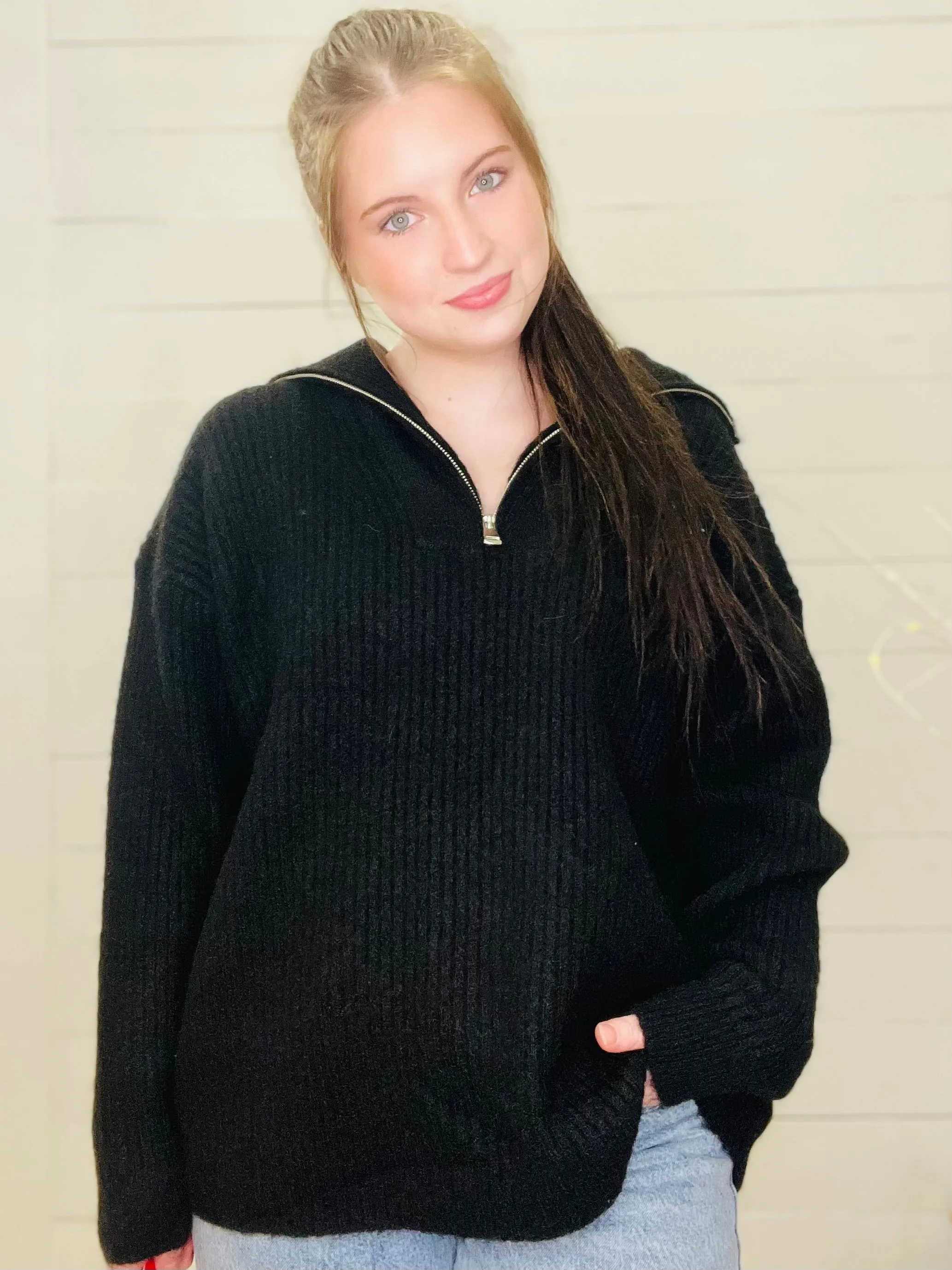 Luxe Black Half-Zip Sweater