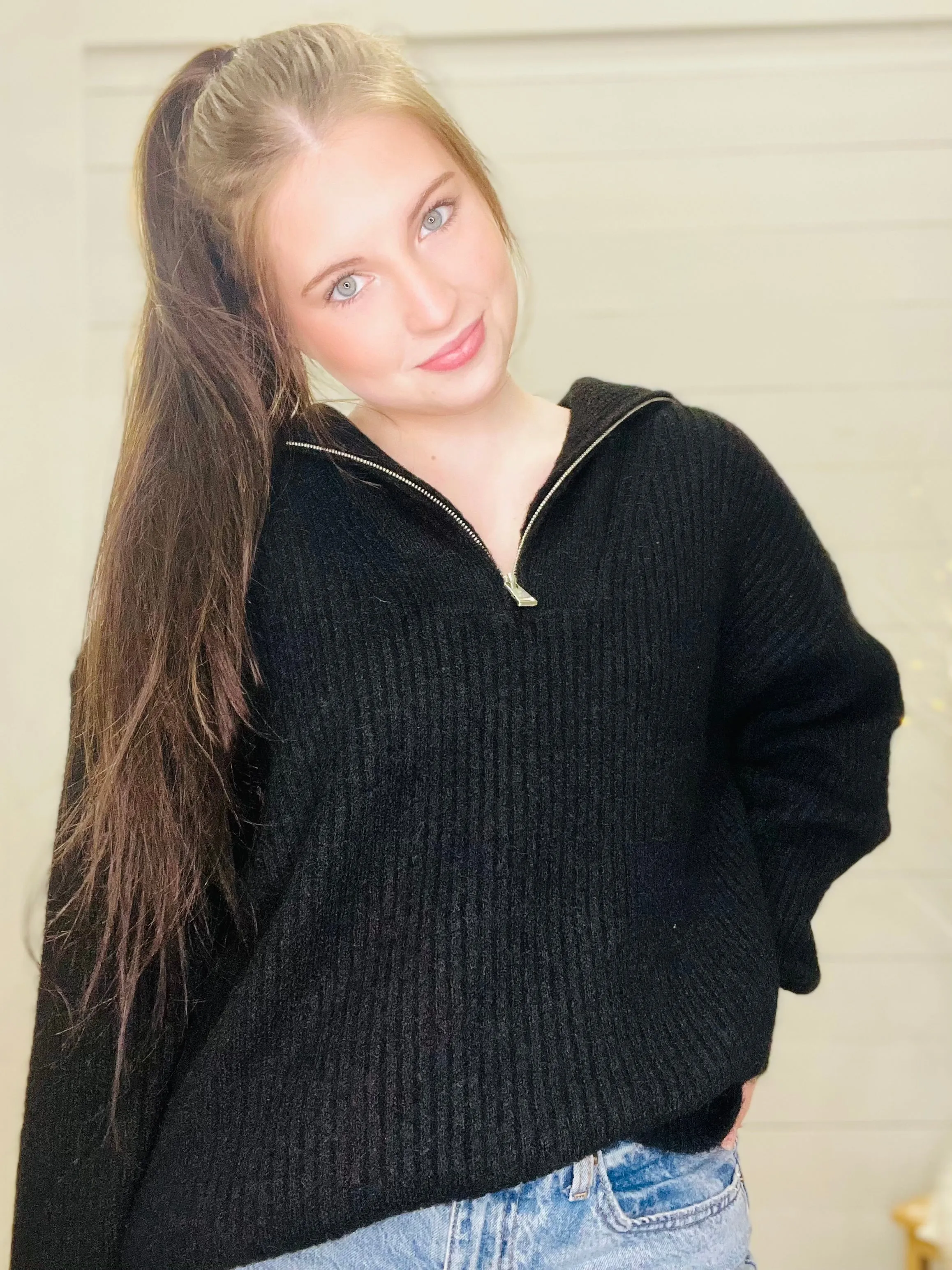 Luxe Black Half-Zip Sweater