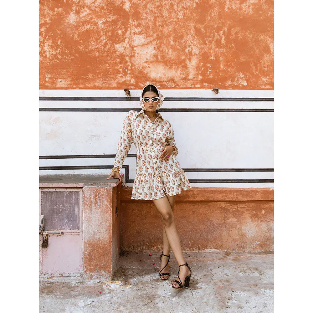 MARCHE Peach Bon White Printed Cotton Mini Shirt Dress
