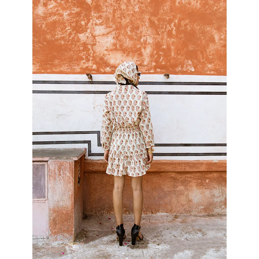MARCHE Peach Bon White Printed Cotton Mini Shirt Dress