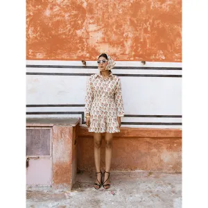 MARCHE Peach Bon White Printed Cotton Mini Shirt Dress