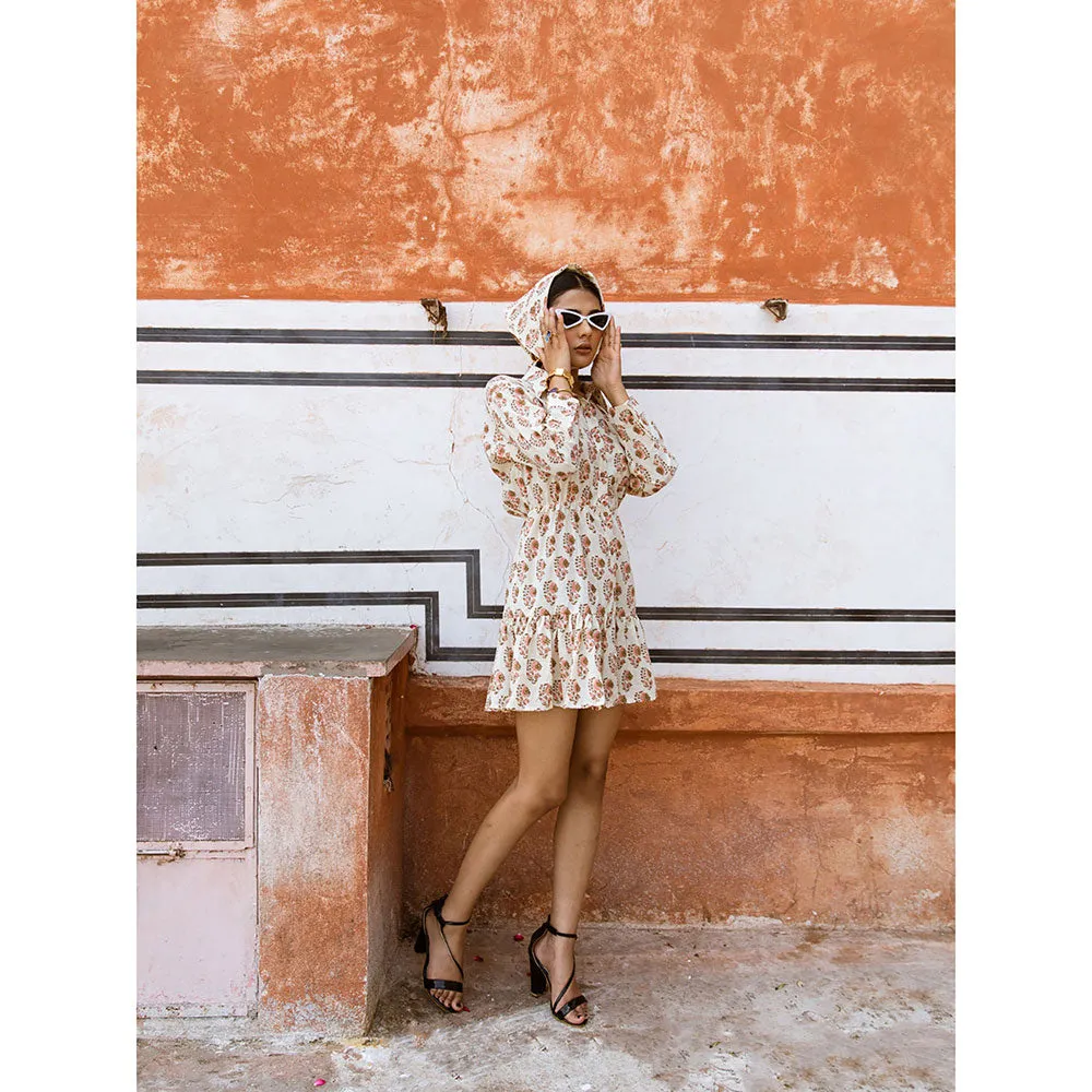 MARCHE Peach Bon White Printed Cotton Mini Shirt Dress