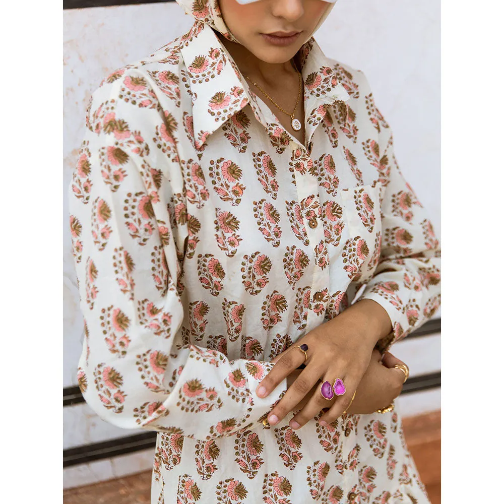 MARCHE Peach Bon White Printed Cotton Mini Shirt Dress