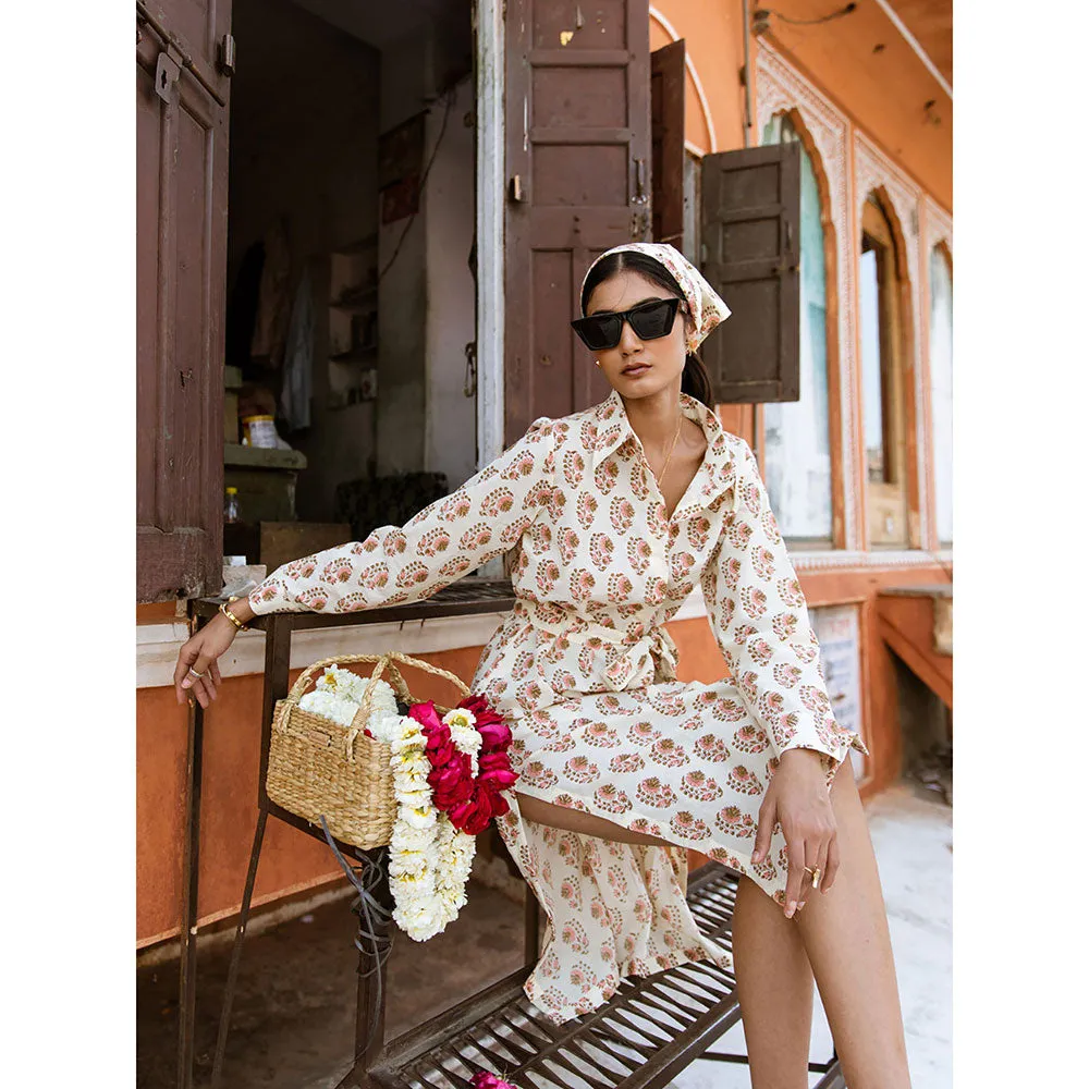 MARCHE Peach Mamacita White Printed Cotton Midi Shirt Dress with Belt (Set of 2)