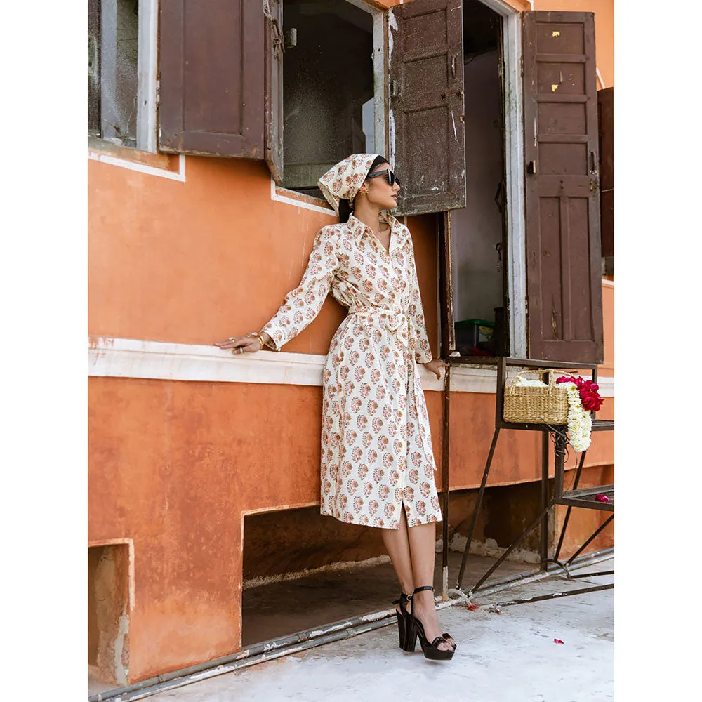 MARCHE Peach Mamacita White Printed Cotton Midi Shirt Dress with Belt (Set of 2)