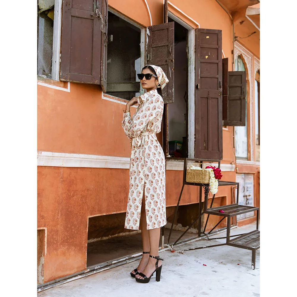 MARCHE Peach Mamacita White Printed Cotton Midi Shirt Dress with Belt (Set of 2)
