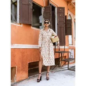 MARCHE Peach Mamacita White Printed Cotton Midi Shirt Dress with Belt (Set of 2)