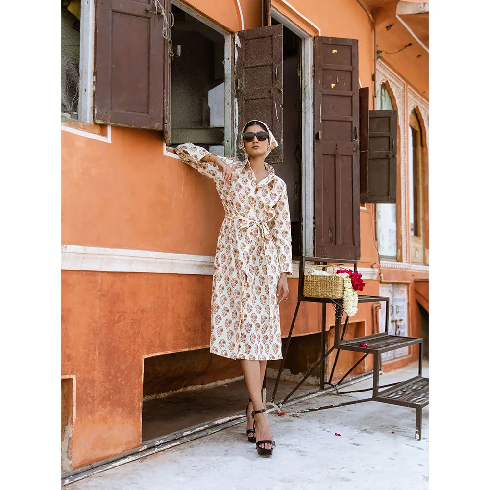 MARCHE Peach Mamacita White Printed Cotton Midi Shirt Dress with Belt (Set of 2)