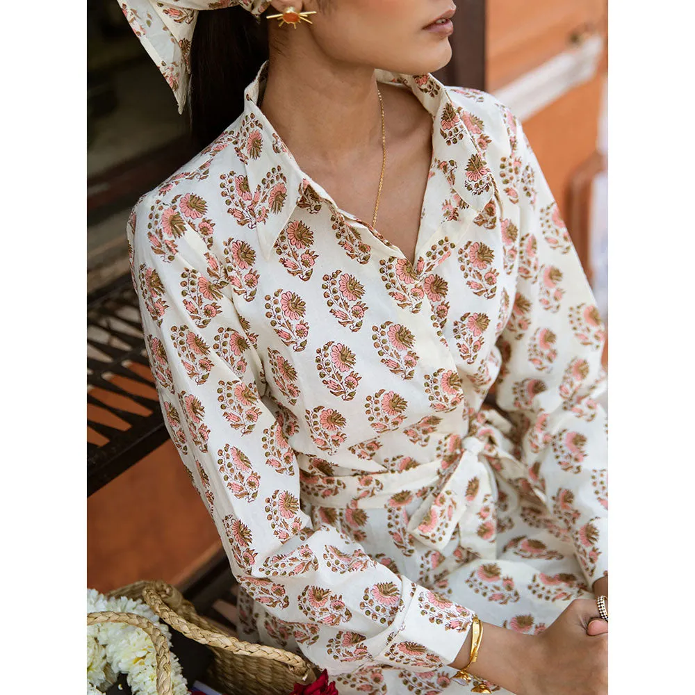 MARCHE Peach Mamacita White Printed Cotton Midi Shirt Dress with Belt (Set of 2)