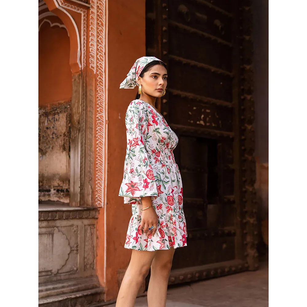 MARCHE Raspberry & Rose Pink Summer Printed Cotton White Mini Dress