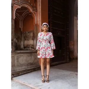 MARCHE Raspberry & Rose Pink Summer Printed Cotton White Mini Dress
