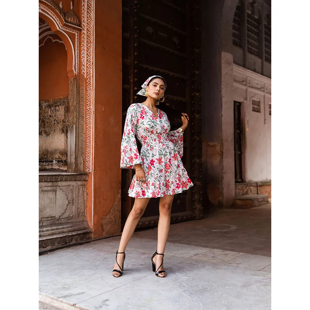 MARCHE Raspberry & Rose Pink Summer Printed Cotton White Mini Dress