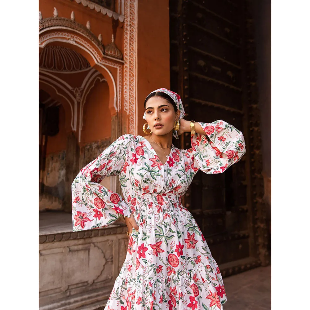 MARCHE Raspberry & Rose Pink Summer Printed Cotton White Mini Dress