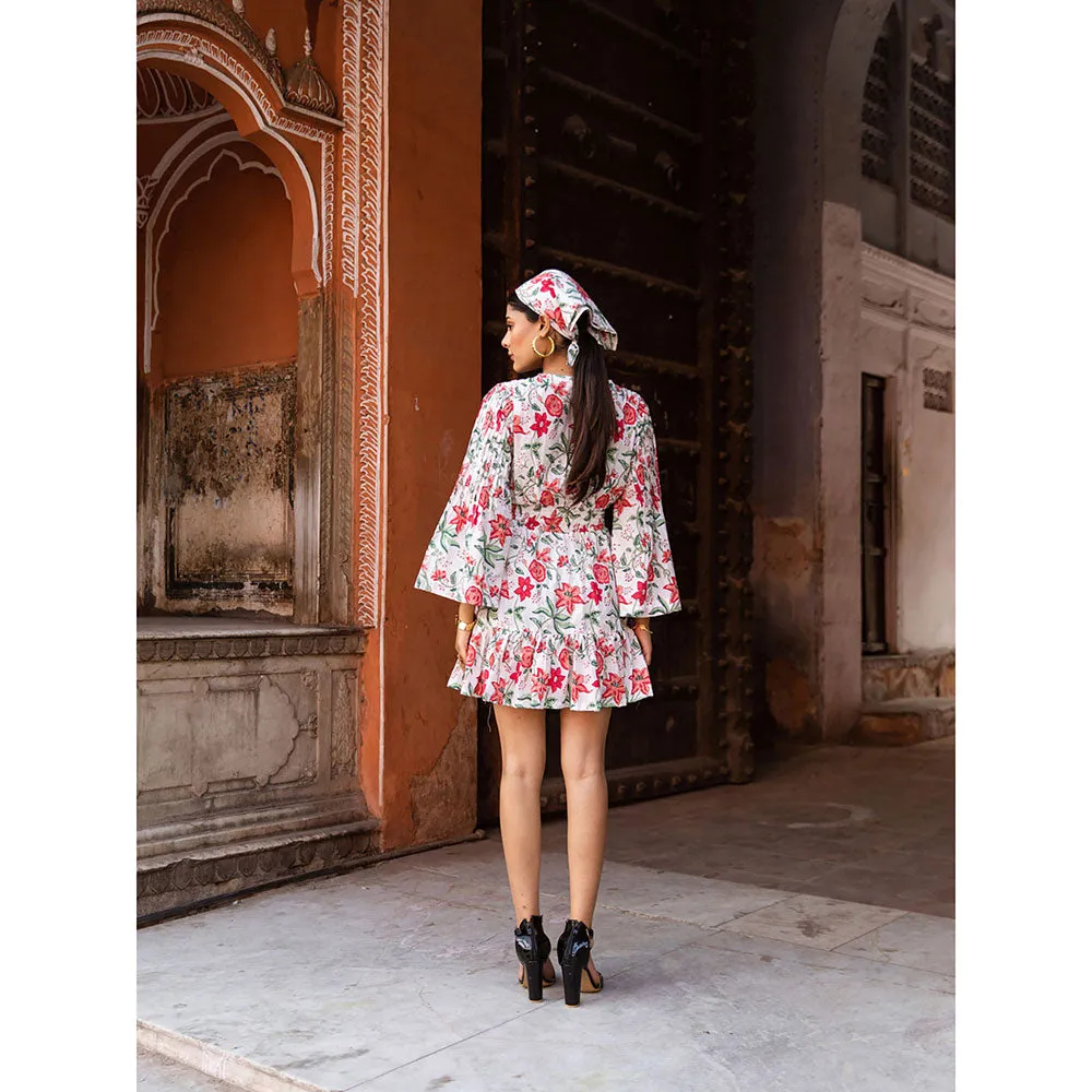 MARCHE Raspberry & Rose Pink Summer Printed Cotton White Mini Dress
