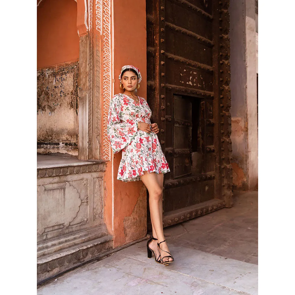 MARCHE Raspberry & Rose Pink Summer Printed Cotton White Mini Dress