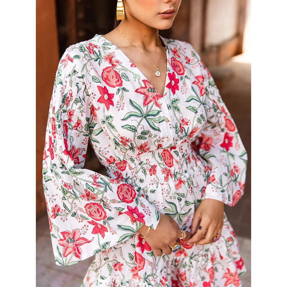 MARCHE Raspberry & Rose Pink Summer Printed Cotton White Mini Dress