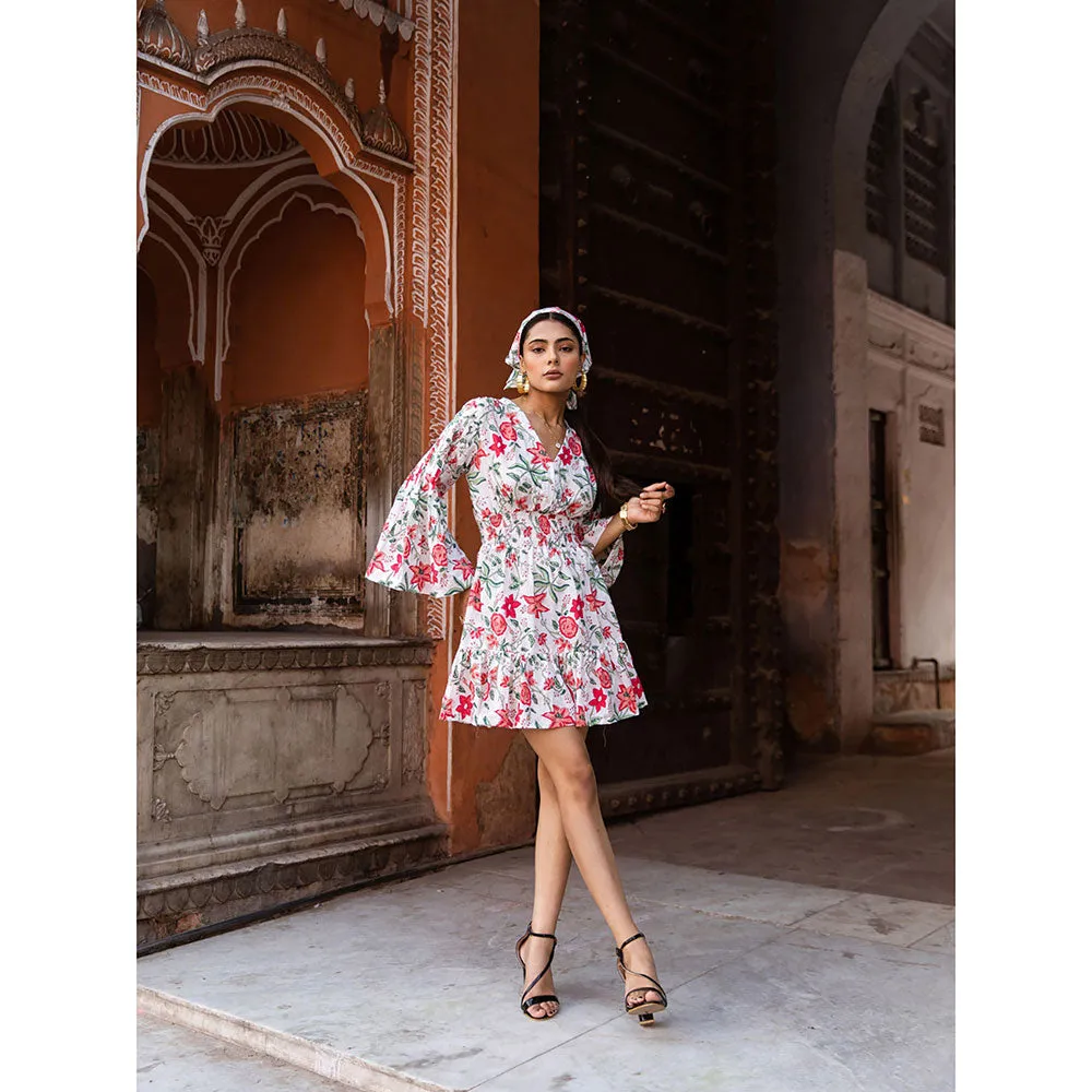 MARCHE Raspberry & Rose Pink Summer Printed Cotton White Mini Dress