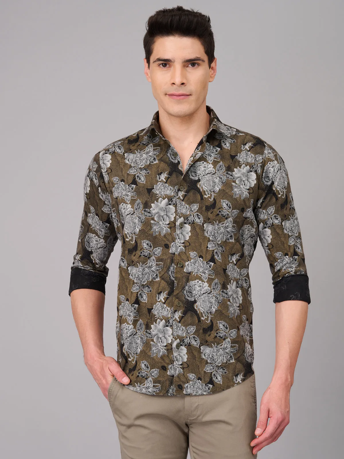 Men Coffee Brown Floral Full Sleeves Shirt (GBMKPR710 )