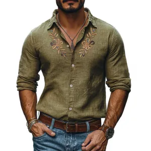 Men's Casual Linen Embroidered Lapel Slim Fit Long Sleeve Shirt 83857360M