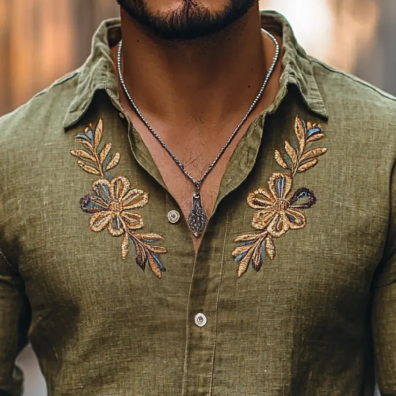 Men's Casual Linen Embroidered Lapel Slim Fit Long Sleeve Shirt 83857360M