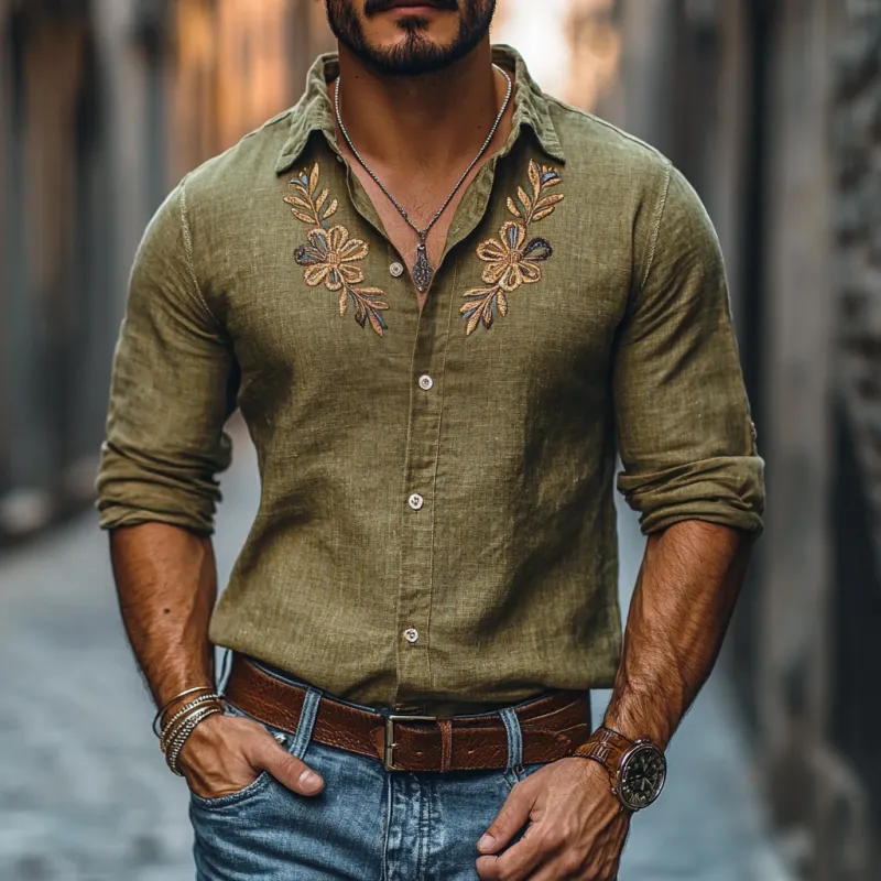 Men's Casual Linen Embroidered Lapel Slim Fit Long Sleeve Shirt 83857360M