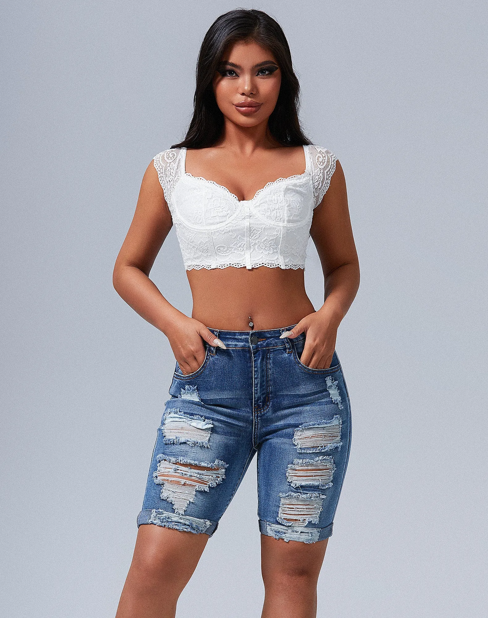 Mid Rise Hollow-out Ripped Bermuda Shorts