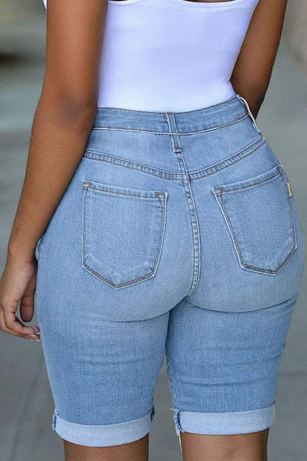 Mid Rise Hollow-out Ripped Bermuda Shorts