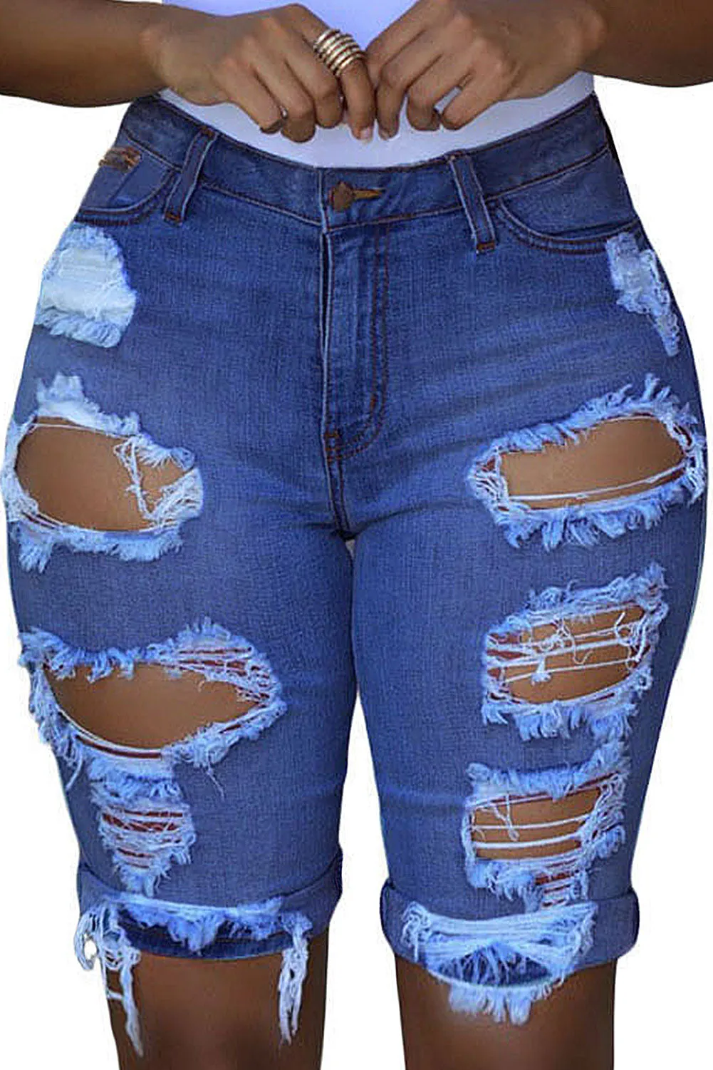 Mid Rise Hollow-out Ripped Bermuda Shorts