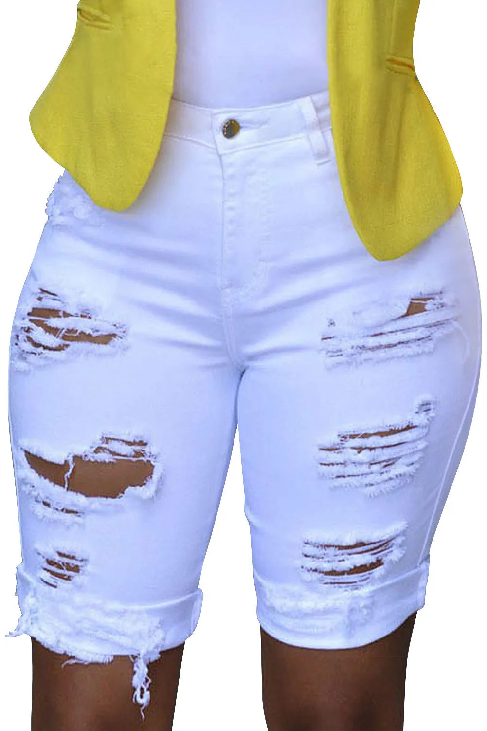 Mid Rise Hollow-out Ripped Bermuda Shorts
