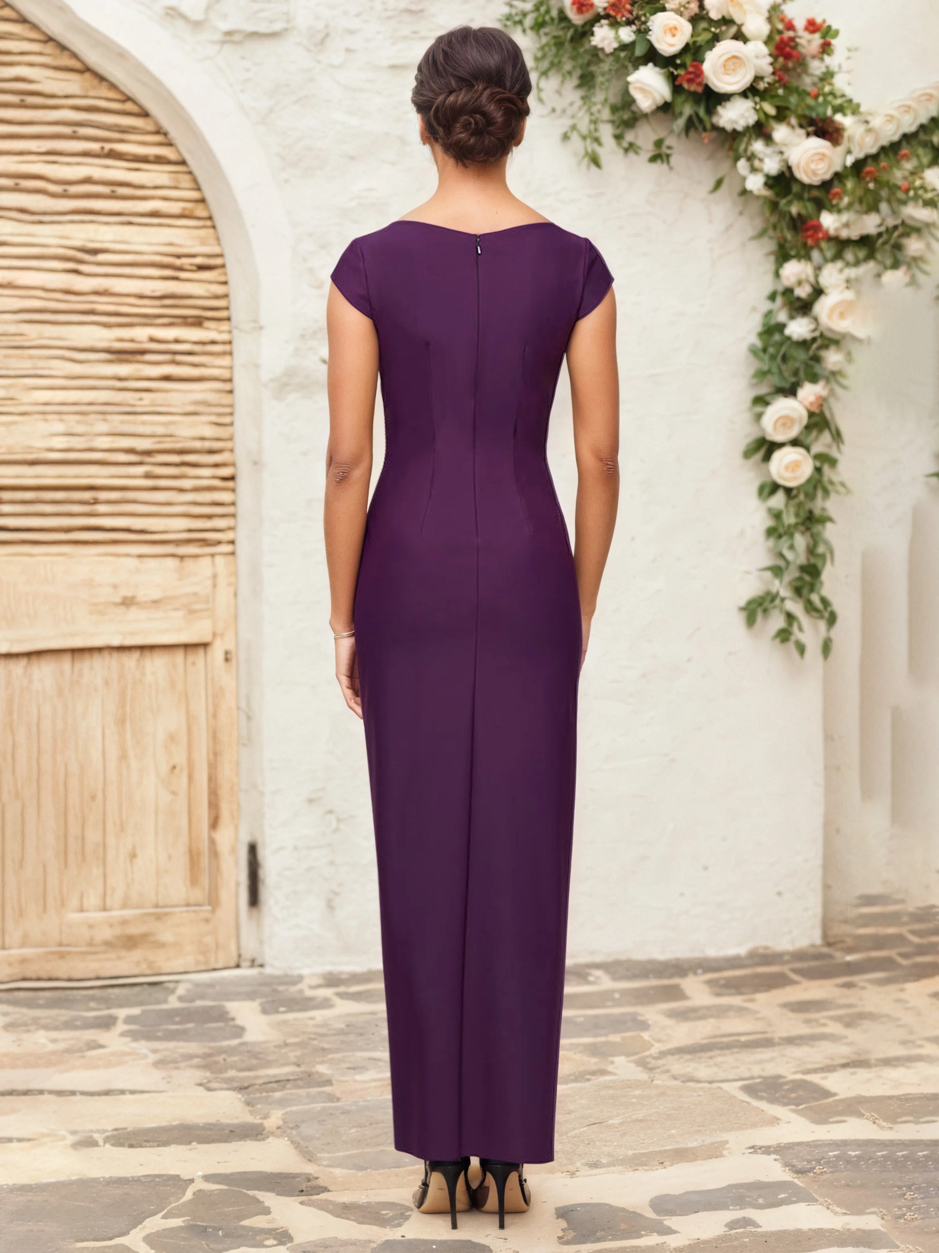 Mother Of The Bride Dress Grape Cap Sleeves V-Neck Sheath Long Mother Of The Bride Dresses