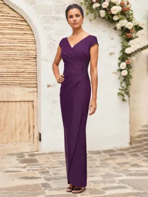 Mother Of The Bride Dress Grape Cap Sleeves V-Neck Sheath Long Mother Of The Bride Dresses