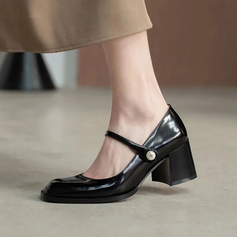 MQTIME -  Plus Size Women's Mary Jane Shoes Patent Leather Pumps Mid Heels Dress Shoes Pearl Buckle Strap Wedding Shoes Basic Spring 1270N