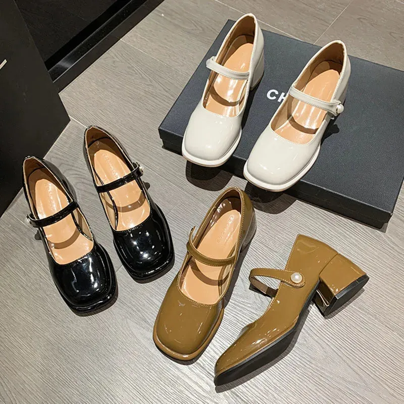 MQTIME -  Plus Size Women's Mary Jane Shoes Patent Leather Pumps Mid Heels Dress Shoes Pearl Buckle Strap Wedding Shoes Basic Spring 1270N