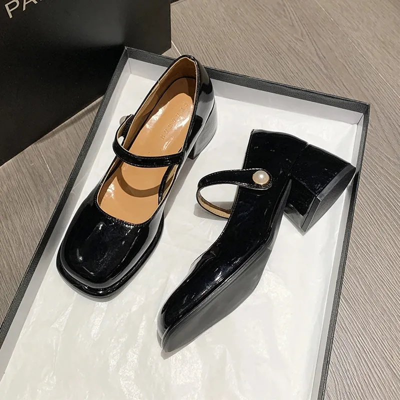 MQTIME -  Plus Size Women's Mary Jane Shoes Patent Leather Pumps Mid Heels Dress Shoes Pearl Buckle Strap Wedding Shoes Basic Spring 1270N