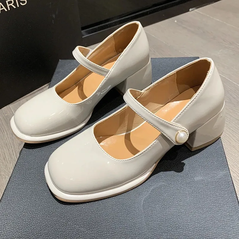 MQTIME -  Plus Size Women's Mary Jane Shoes Patent Leather Pumps Mid Heels Dress Shoes Pearl Buckle Strap Wedding Shoes Basic Spring 1270N