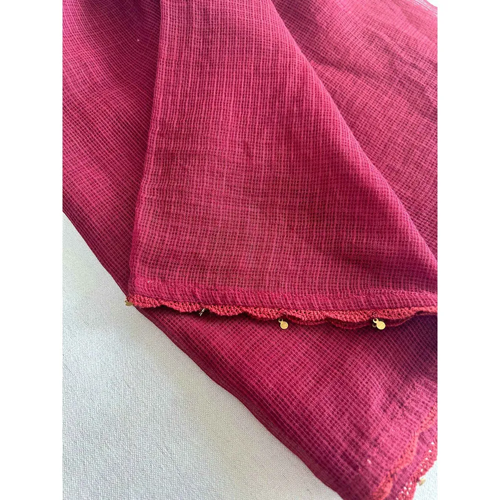 Mushio Maroon Kota Dupatta with Crochet Lace and Metal Hangings