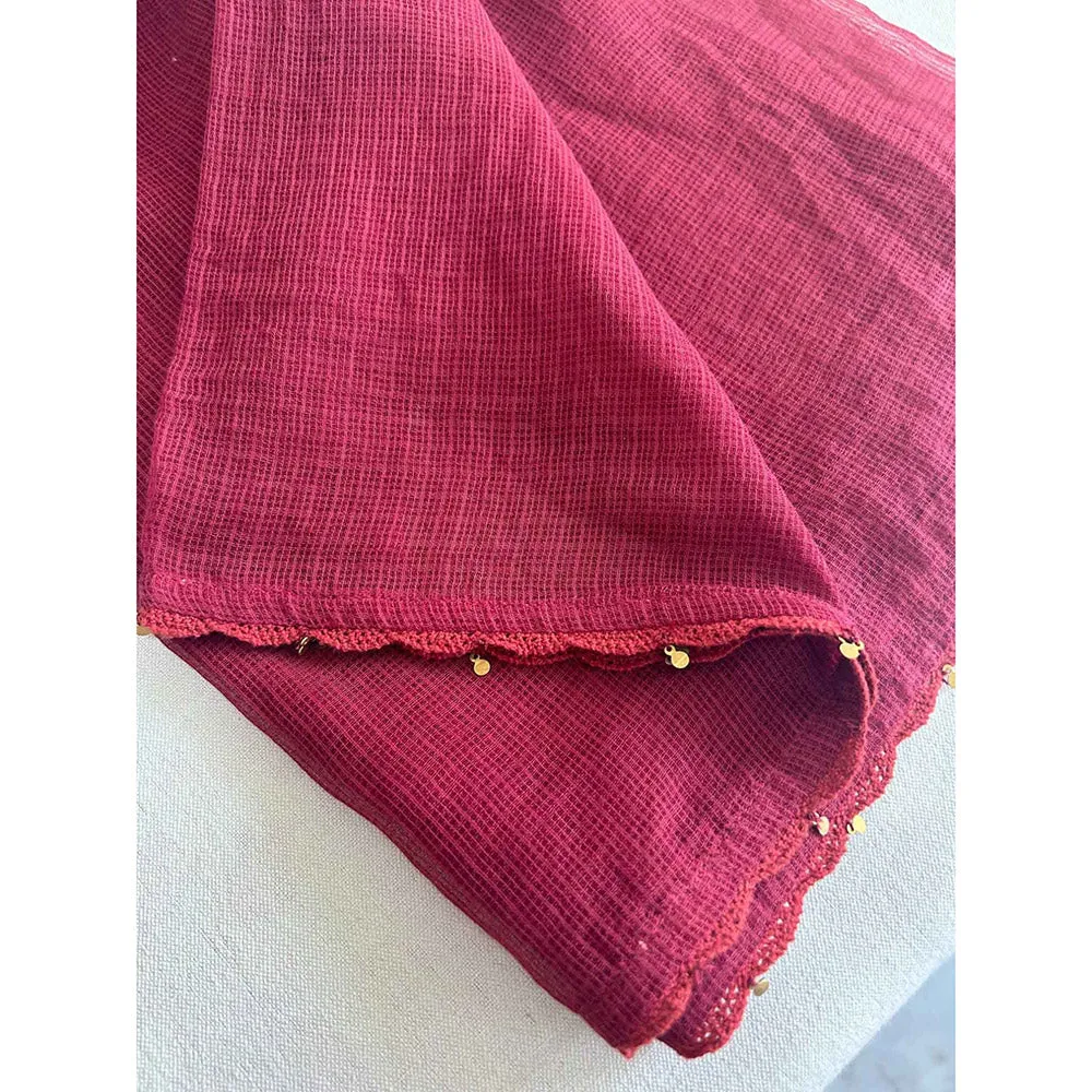 Mushio Maroon Kota Dupatta with Crochet Lace and Metal Hangings