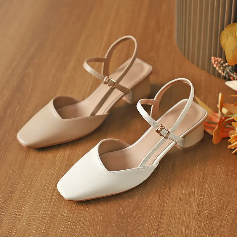 Nude Block Heels Closed Toe Autumn Shoes Women's Leather Shoes Women