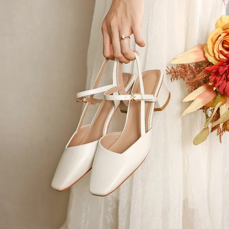 Nude Block Heels Closed Toe Autumn Shoes Women's Leather Shoes Women