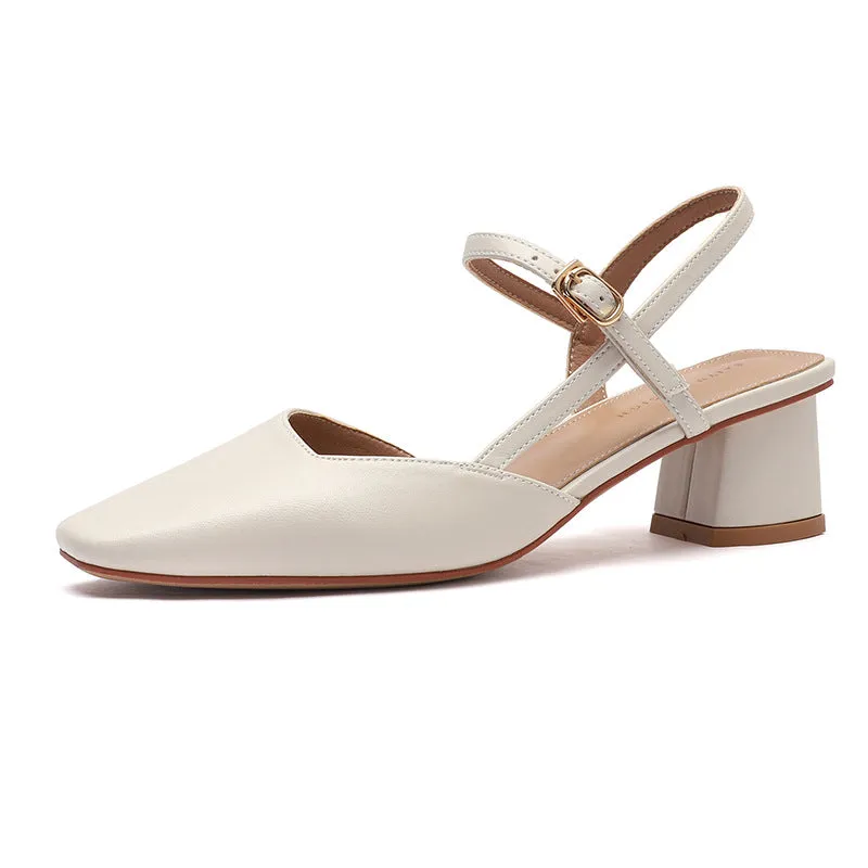 Nude Block Heels Closed Toe Autumn Shoes Women's Leather Shoes Women