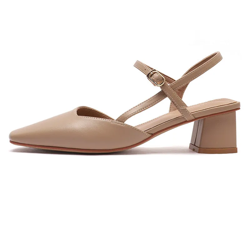 Nude Block Heels Closed Toe Autumn Shoes Women's Leather Shoes Women