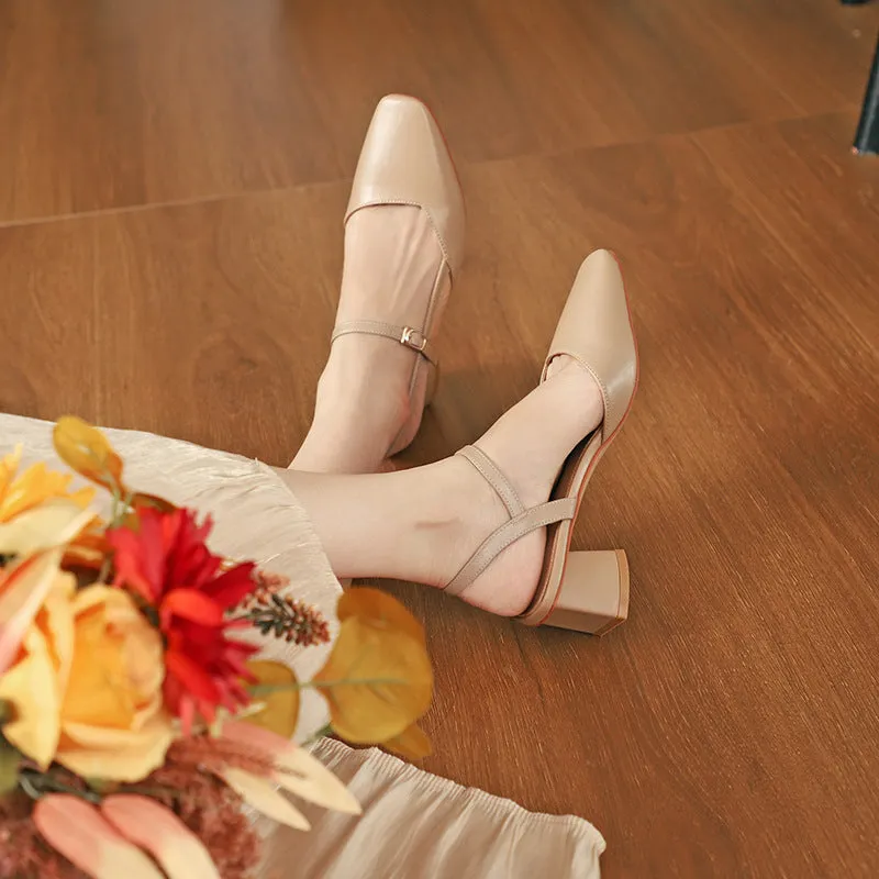 Nude Block Heels Closed Toe Autumn Shoes Women's Leather Shoes Women