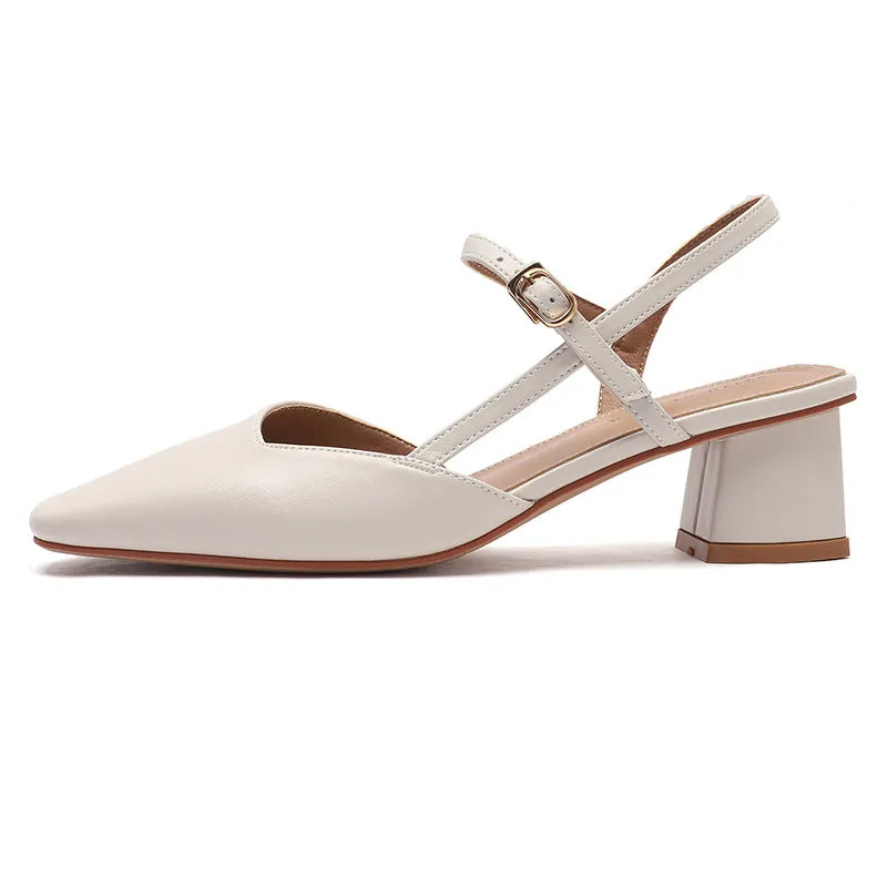 Nude Block Heels Closed Toe Autumn Shoes Women's Leather Shoes Women