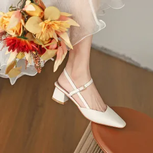 Nude Block Heels Closed Toe Autumn Shoes Women's Leather Shoes Women