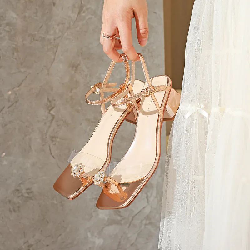 Nude Block Heels Closed Toe Sandals Summer High Heels Open Toe Casual Fashion