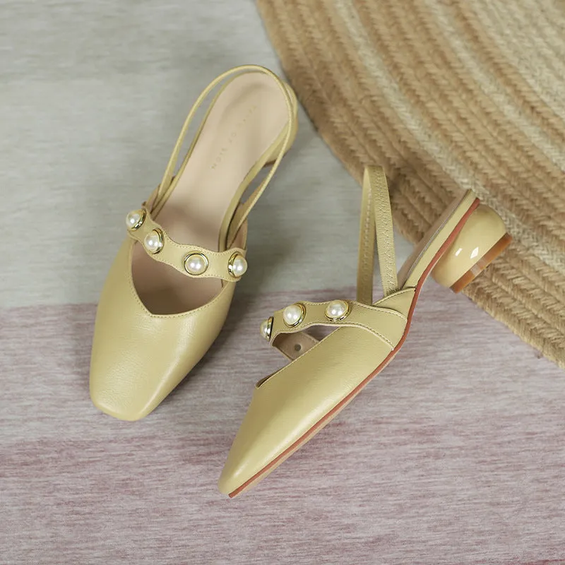 Nude Block Heels Closed Toe Spring Pump Pearl Women's Shoes
