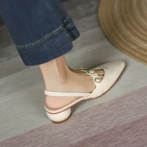 Nude Block Heels Closed Toe Spring Pump Pearl Women's Shoes